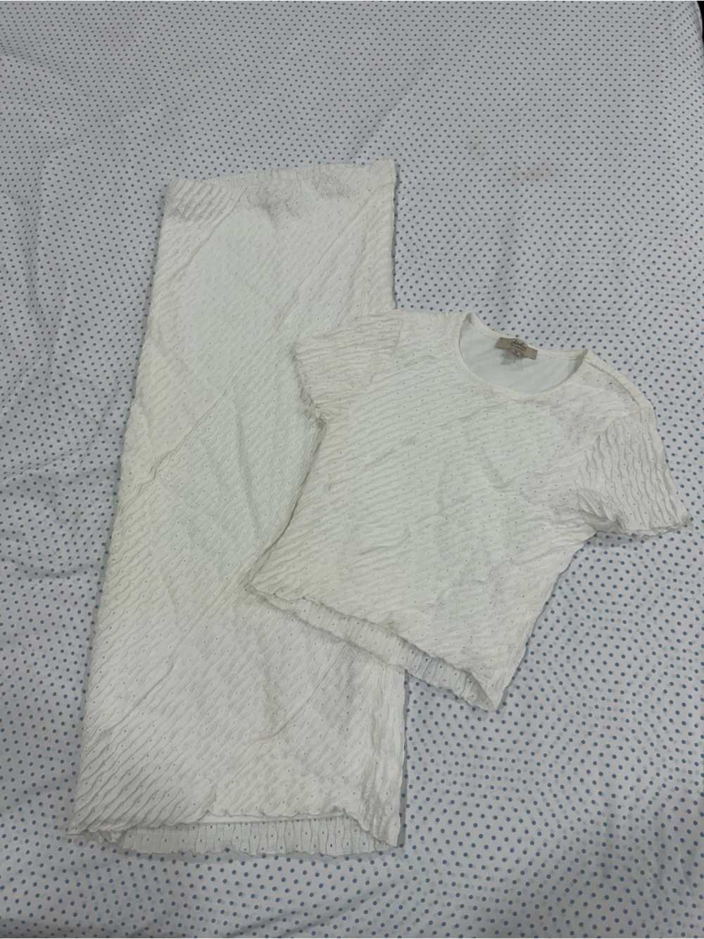 Women's White Textured Two-Piece Set - Short Sleeve Top & Maxi Skirt